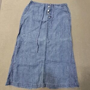 Eddie Bauer 100% Linen Maxi Skirt Blue Jean Petite 12 Elastic Waist Slit